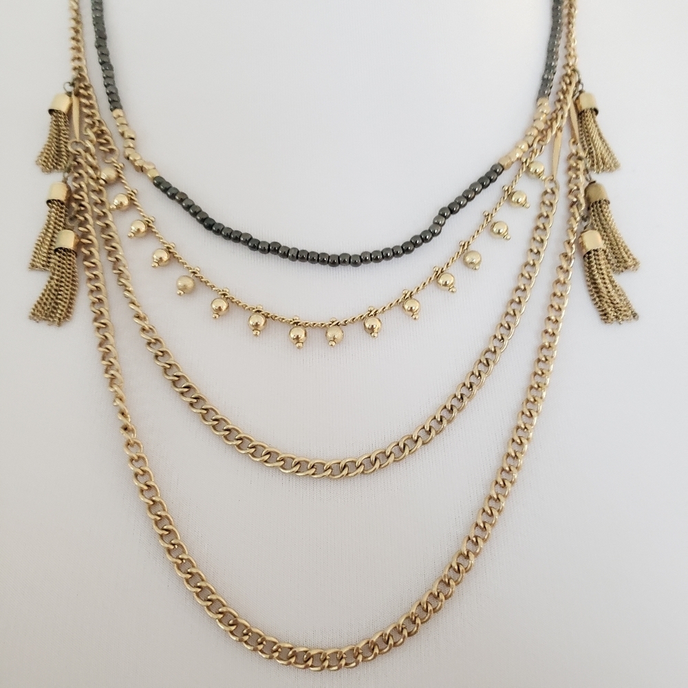 LOFT layer necklace gold tone chain tassels multi way necklace multi strand